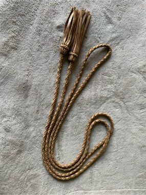 Leather Braided Tassel Wrap Belt in Camel Brown. One Size